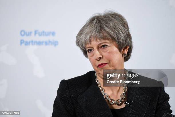 Theresa May, U.K. Prime minister, pauses as she takes questions after delivering a speech on Brexit at Mansion House in London, U.K., on Friday,...