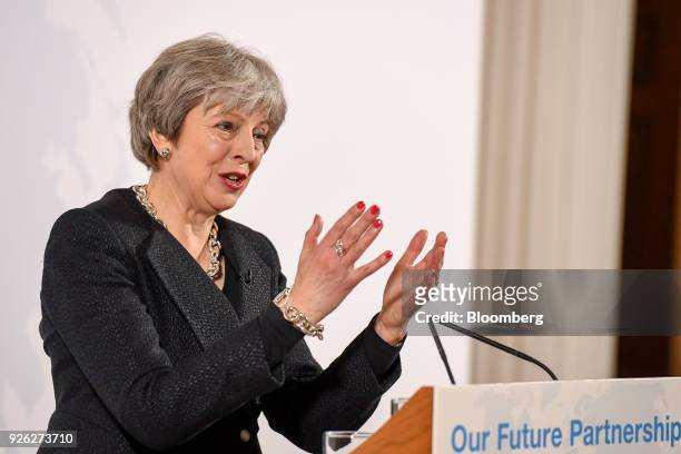 Theresa May, U.K. Prime minister, gestures as she delivers a speech on Brexit at Mansion House in London, U.K., on Friday, March 2, 2018. The U.K....