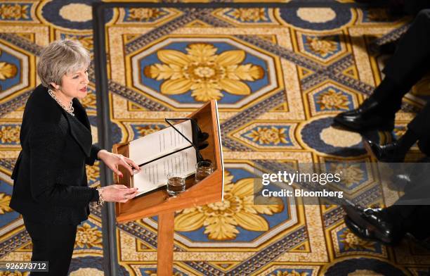 Theresa May, U.K. Prime minister, delivers a speech on Brexit at Mansion House in London, U.K., on Friday, March 2, 2018. The U.K. Prime minister is...