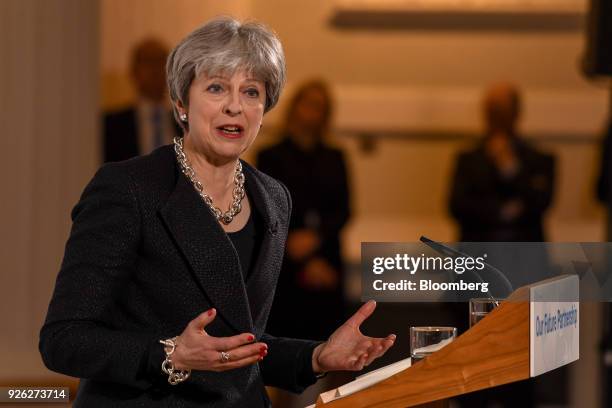 Theresa May, U.K. Prime minister, gestures as she delivers a speech on Brexit at Mansion House in London, U.K., on Friday, March 2, 2018. The U.K....