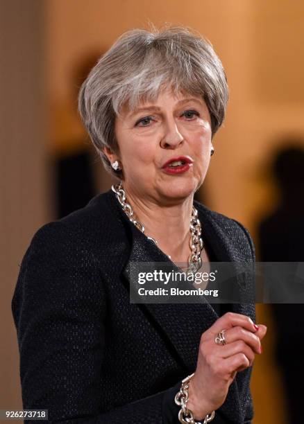 Theresa May, U.K. Prime minister, gestures as she delivers a speech on Brexit at Mansion House in London, U.K., on Friday, March 2, 2018. The U.K....