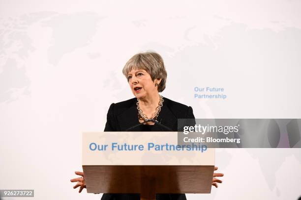 Theresa May, U.K. Prime minister, delivers a speech on Brexit at Mansion House in London, U.K., on Friday, March 2, 2018. The U.K. Prime minister is...