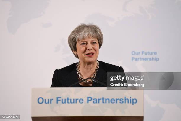 Theresa May, U.K. Prime minister, delivers a speech on Brexit at Mansion House in London, U.K., on Friday, March 2, 2018. The U.K. Prime minister is...