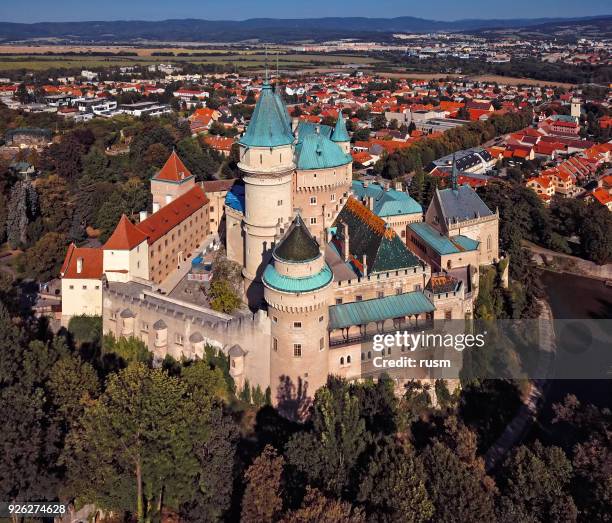 bojnice castle aerial, slovakia - bojnice castle stock pictures, royalty-free photos & images
