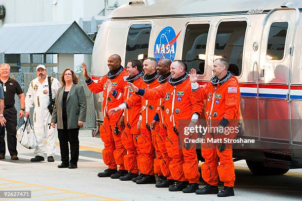 Space Shuttle Atlantis STS-129 mission astronauts Charlie Hobaugh, commander, Barry Wilmore, pilot, and mission specialists Leland Melvin, Randy...