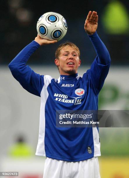 Kevin Schoeneberg of Rostock in action during the Second Bundesliga match between FC Hansa Rostock and FC St. Pauli at the DKB Arena on November 2,...