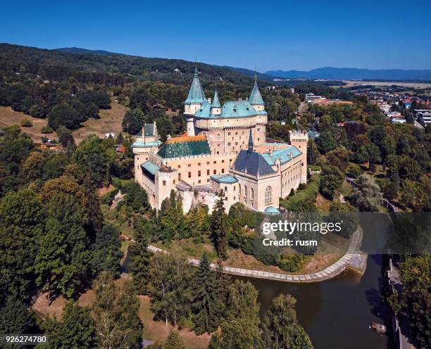 bojnice castle aerial, slovakia - bojnice castle stock pictures, royalty-free photos & images