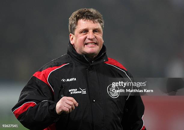 Head coach Andreas Zachhuber of Rostock reacts during the Second Bundesliga match between FC Hansa Rostock and FC St. Pauli at the DKB Arena on...