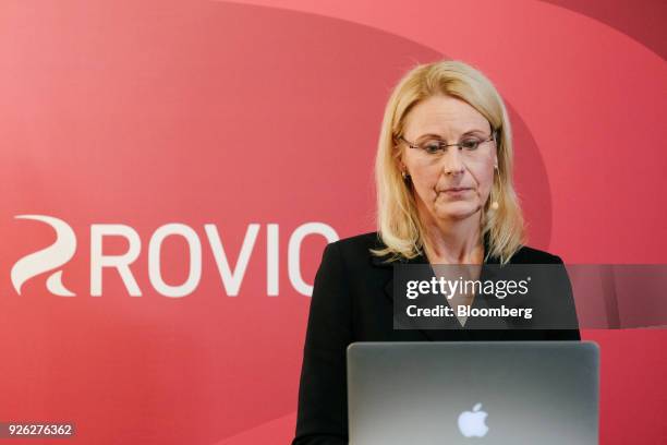 Kati Levoranta, chief executive officer of Rovio Entertainment Oyj, pauses during a news conference in Espoo, Finland, on Friday, March 2, 2018. The...