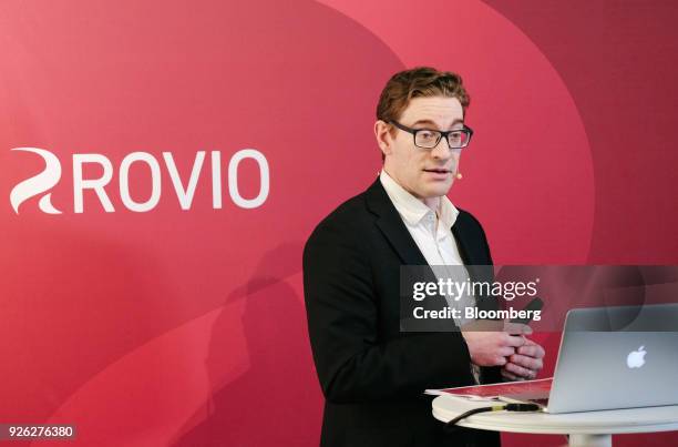 Rene Lindell, chief financial officer of Rovio Entertainment Oyj, speaks during a news conference in Espoo, Finland, on Friday, March 2, 2018. The...