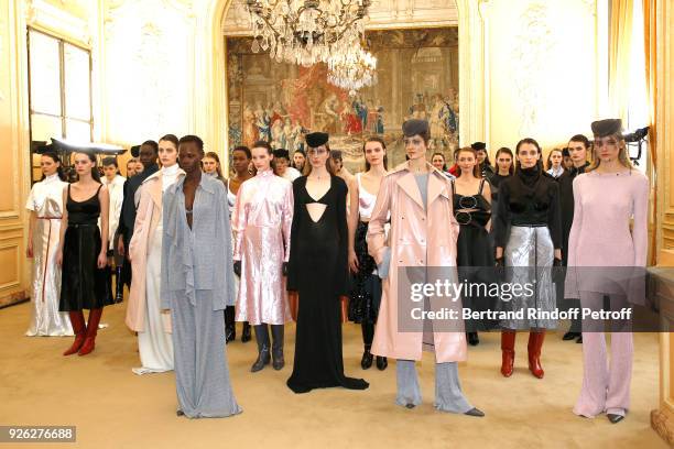 Models whose Audrey Marney pose at the end of the Nina Ricci show as part of the Paris Fashion Week Womenswear Fall/Winter 2018/2019 on March 2, 2018...