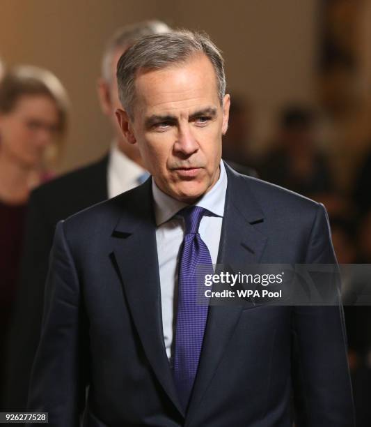 Bank of England Governor Mark Carney arrives to listen to a speech by Prime Minister Theresa May at Mansion House on March 2, 2018 in London,...