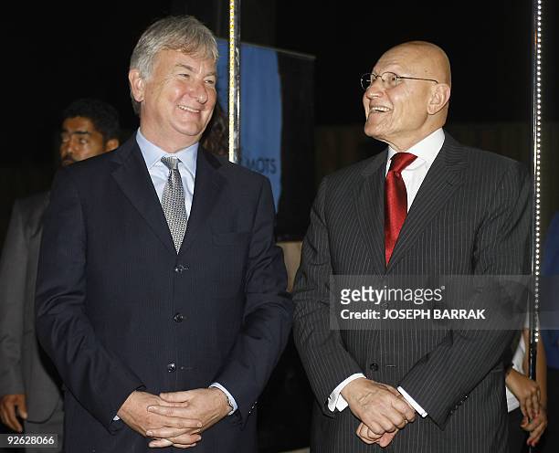 Lebanese Culture Minister Tammam Salam speaks with French ambassador to Lebanon Denis Pietton upon the arrival of French navy ship "La Meuse" at the...