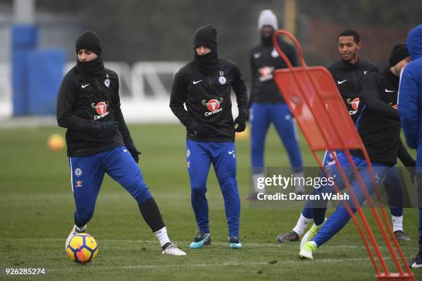 Alvaro Morata and Eden Hazard of Chelsea during a training session at Chelsea Training Ground on March 2, 2018 in Cobham, England.