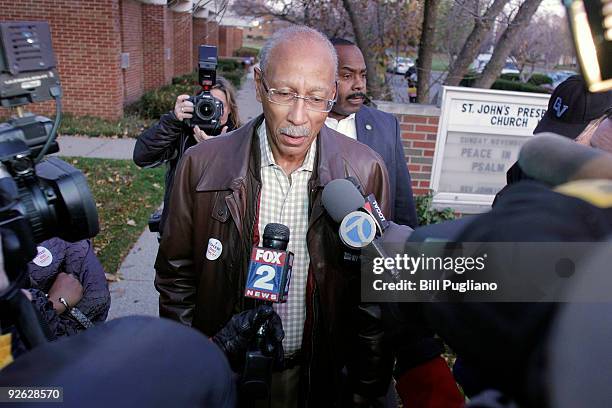 Detroit Mayor and former Detroit Pistons star Dave Bing speaks with the news media after voting in the mayoral election at St. John's Presbyterian...