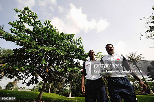 Wilson Cuero and Fabian Castillo of Colombia pose for a photograph at the Gateway Hotel on November 3, 2009 in Ijebu-Ode, Nigeria.