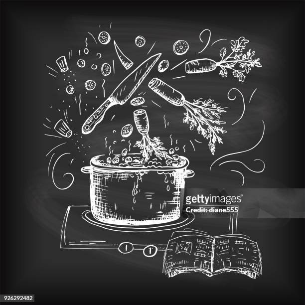 hand drawn typography - cooking and foods - cooking pan stock illustrations