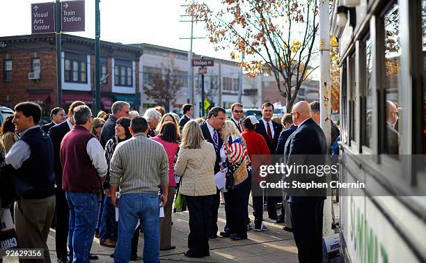 Republican New Jersey Gubernatorial hopeful Chris Christie hugs a supporter outside the Summit Diner before a campaign stop November 3, 2009 in...