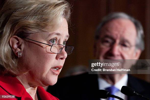 Sen. Mary Landrieu speaks at a news conference on health insurance reform and its impact on small businesses as Sen. Tom Harkin listens on November...