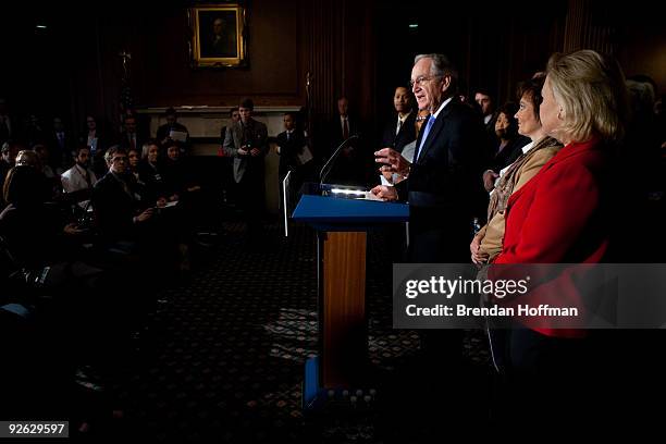Sen. Tom Harkin speaks at a news conference on health insurance reform and its impact on small businesses with Rep. Debbie Halvorson and Sen. Mary...