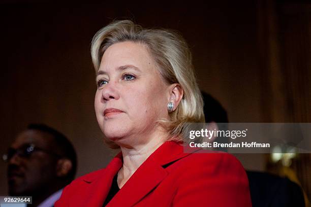 Mary Landrieu listens at a news conference on health insurance reform and its impact on small businesses on November 3, 2009 in Washington, DC....