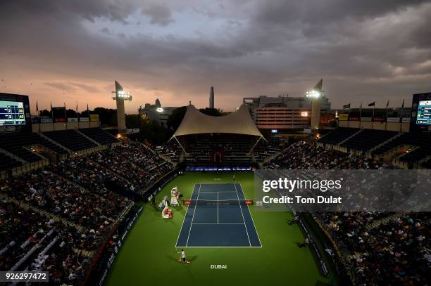 General view of action during the semi final match between Lucas Pouille of France and Filip Krajinovic of Serbia on day five of the ATP Dubai Duty...