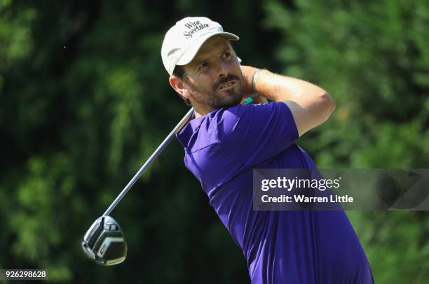 Thomas Aiken of South Africa tees off on the 12th hole during the second round of the Tshwane Open at Pretoria Country Club on March 2, 2018 in...