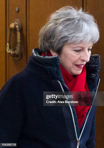 British Prime Minister Theresa May leaves after giving a speech on Brexit at Mansion House on March 2, 2018 in London, England. Theresa May sets out...