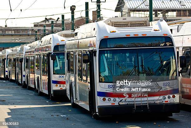 Buses sit idle at the the Frankford Transportation Terminal on November 3, 2009 in Philadelphia, Pennsylvania. TWU Local 234 Union unexpectedly...