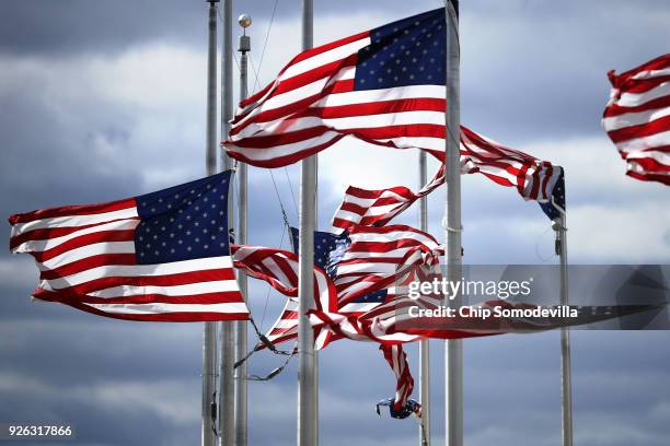 Flags that circle the base of the Washington Monument are torn and twisted in high winds on the National Mall March 2, 2018 in Washington, DC....