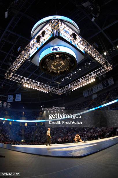 Wide view of wrestlers from Penn State in action vs Iowa during match at Bryce Jordan Center. University Park, PA 2/10/2018 CREDIT: Fred Vuich