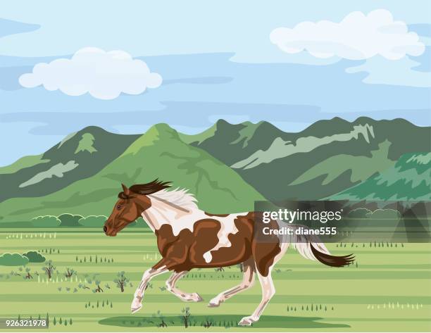 stockillustraties, clipart, cartoons en iconen met wild paard lopen. utah bergen - pinto's