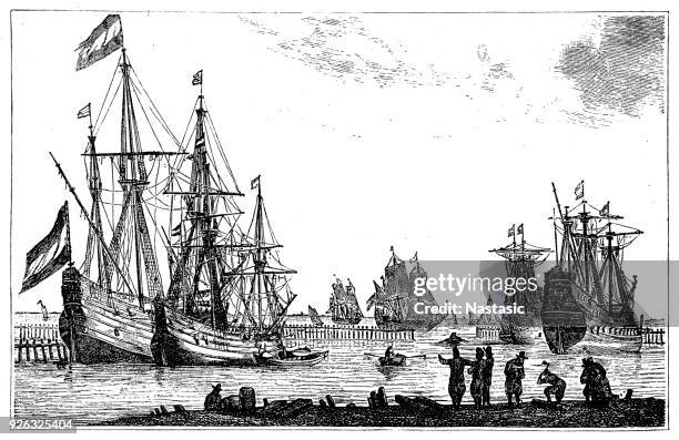 merchant ships from the time of louis xiv - 17th century style stock illustrations