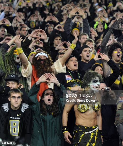 Oregon Ducks fans make some noise on a Halloween night game against the USC Trojans at Autzen Stadium on October 31, 2009 in Eugene, Oregon. The...