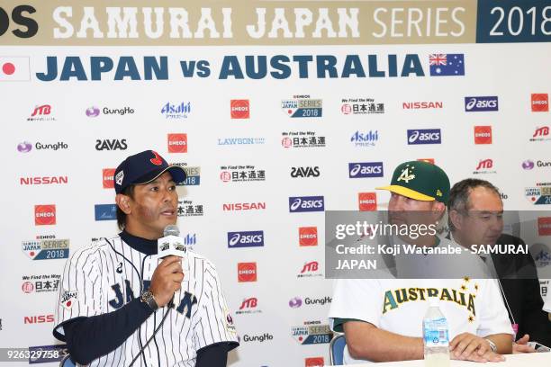 Japan Manager Atsunori Inaba and Australia Manager Steven Fish spekes during a official press conference ahead of the baseball match between Japan...