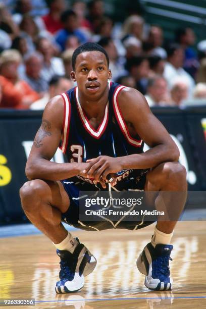 Steve Francis of the Houston Rockets rests against the Orlando Magic during a game played circa 2000 at Orlando Arena in Orlando, Florida. NOTE TO...