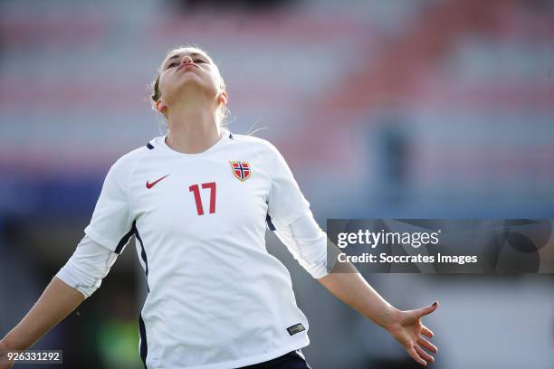 Kristine Minde of Norway Women celebrates 0-2 during the Algarve Cup Women match between China PR v Norway at the Complexo Desportivo de Vila Real de...