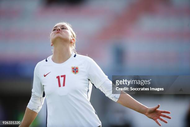 Kristine Minde of Norway Women celebrates 0-2 during the Algarve Cup Women match between China PR v Norway at the Complexo Desportivo de Vila Real de...