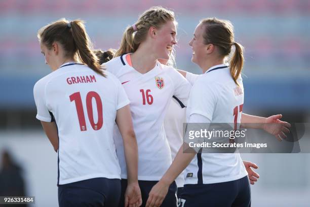 Kristine Minde of Norway Women celebrates 0-2 with Caroline Graham Hansen of Norway Women, Kristine Leine of Norway Women during the Algarve Cup...