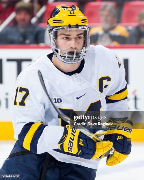 Tony Calderone of the Michigan Wolverines follows the play against the Bowling Green Falcons during game two of the Great Lakes Invitational Hockey...