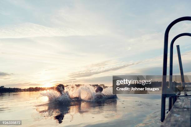 boys swimming in lake - bathing in sunset stockfoto's en -beelden