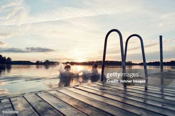 boys swimming in lake - bathing jetty stock pictures, royalty-free photos & images