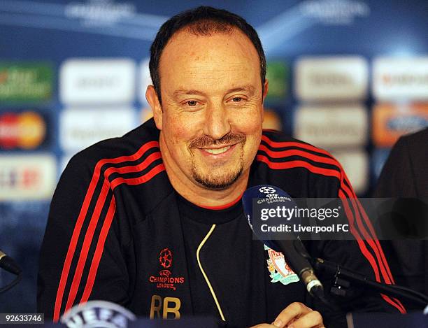 Rafa Benitez manager of Liverpool attends a Press conference, prior to the UEFA Champions League Group E match between Liverpool and Lyon at Stade de...