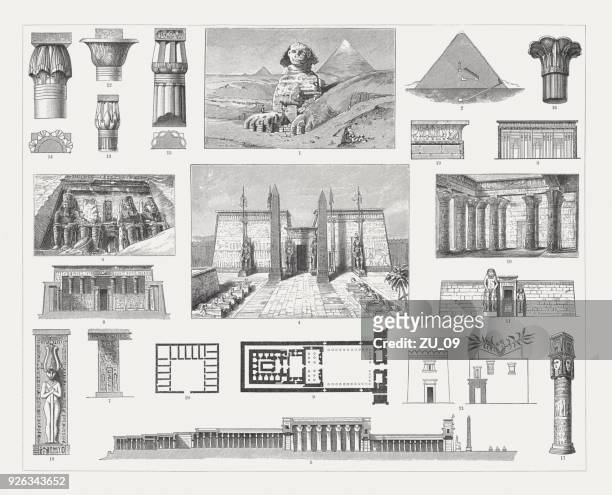 egyptian architecture, wood engravings, published in 1897 - egyptian mythology stock illustrations