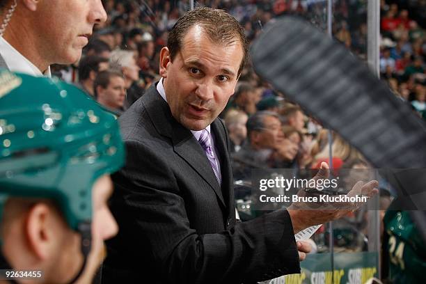 Minnesota Wild Head Coach Todd Richards instructs his players against the Colorado Avalanche during the game at the Xcel Energy Center on October 21,...