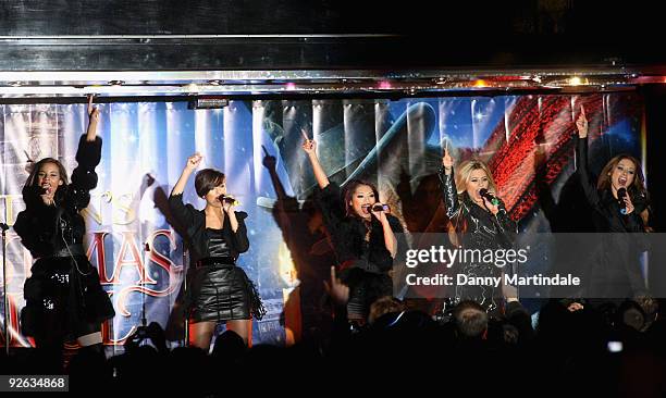 The Saturdays perform at the annual switch on of the Oxford Street Christmas Lights on November 3, 2009 in London, England.