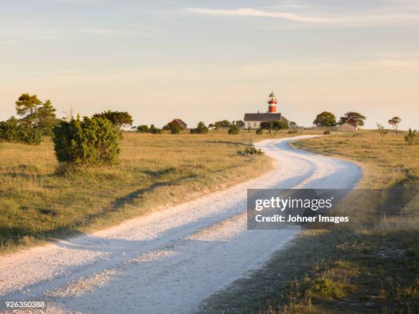 country road leading to lighthouse - gotland sweden stock pictures, royalty-free photos & images