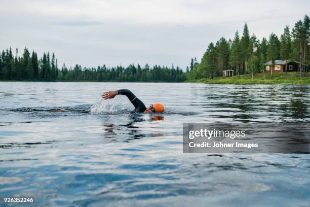 person swimming in lake - people swim river stockfoto's en -beelden