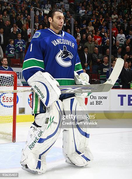 Roberto Luongo of the Vancouver Canucks stands in his crease during their game against the Detroit Red Wings at General Motors Place on October 27,...