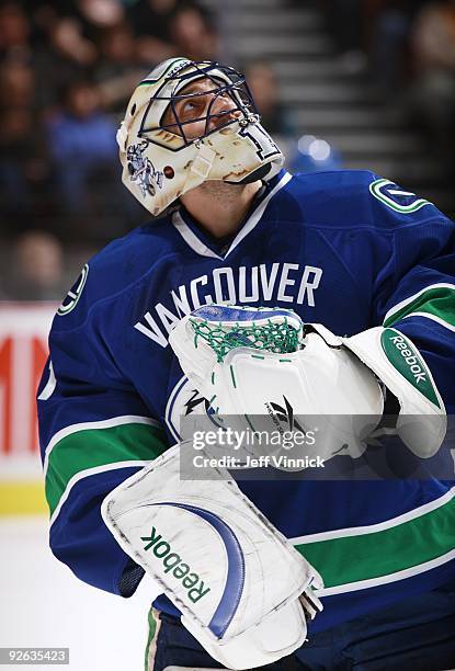 Roberto Luongo of the Vancouver Canucks watches a replay during their game against the Detroit Red Wings at General Motors Place on October 27, 2009...